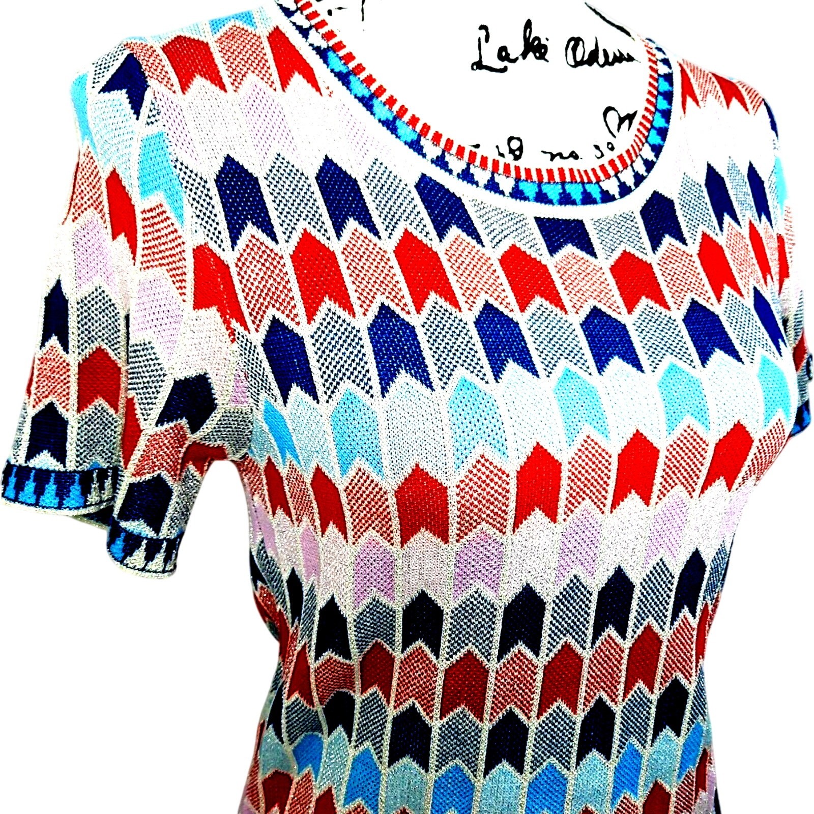 Vintage 60s MOD Geometric Silver Metallic Knit Dress Medium Red Pink Blue Retro