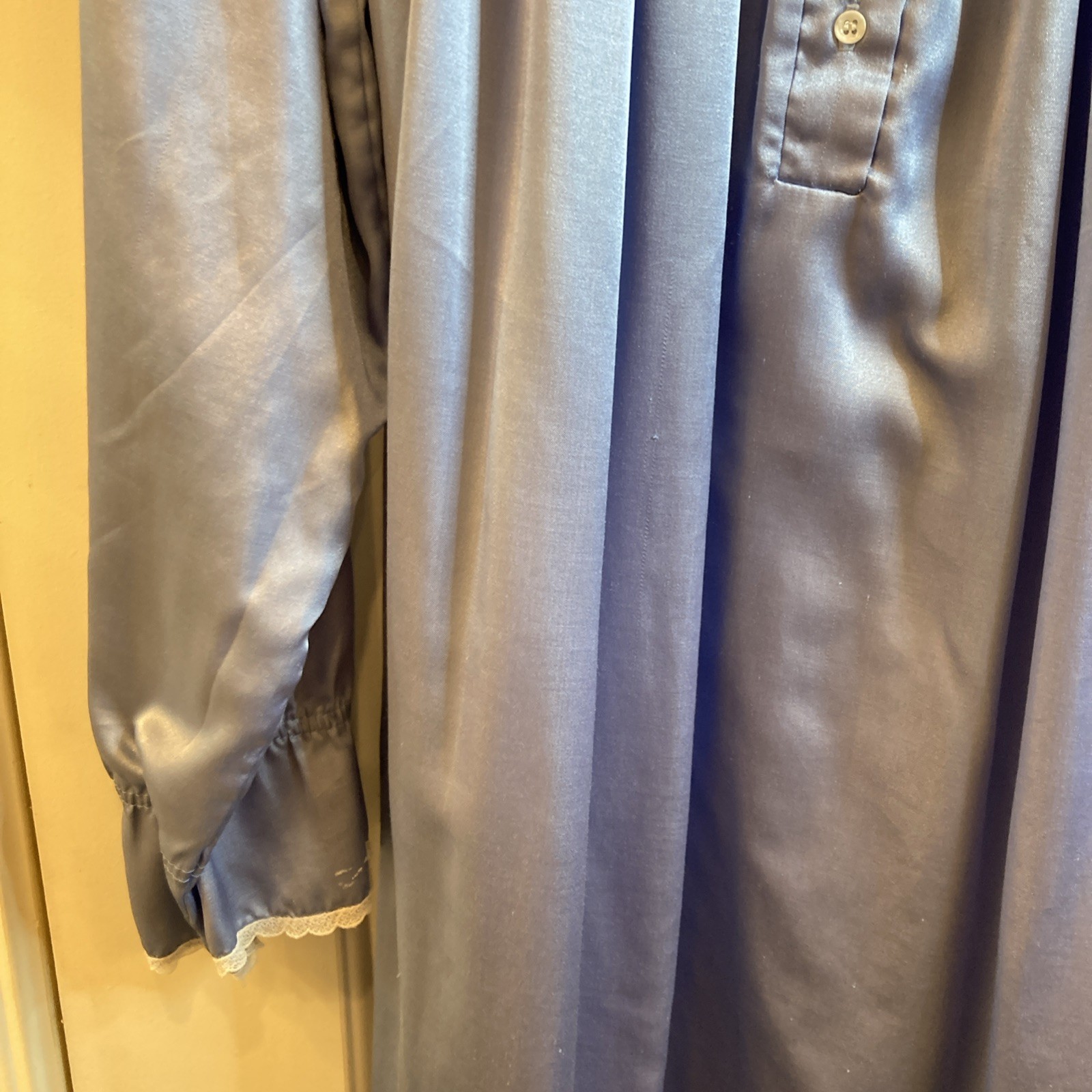 Vintage Brandywine Blue Satin Long Nightgown & Matching Robe Lace Retro MCM M/L