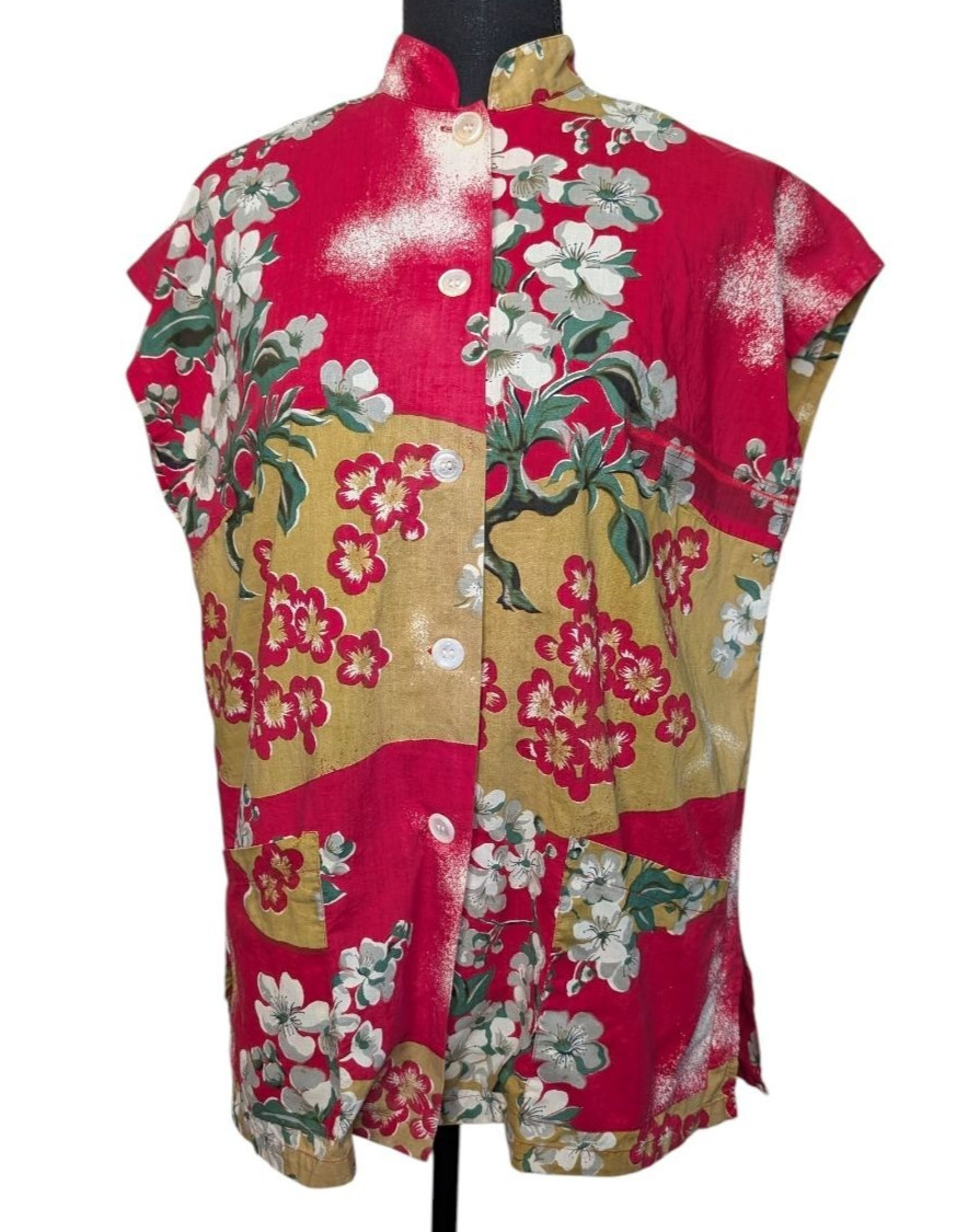 Kahala 40s 50s Vintage Hawaiian Shirt Blouse Mandarin Women Workwear Pockets XL