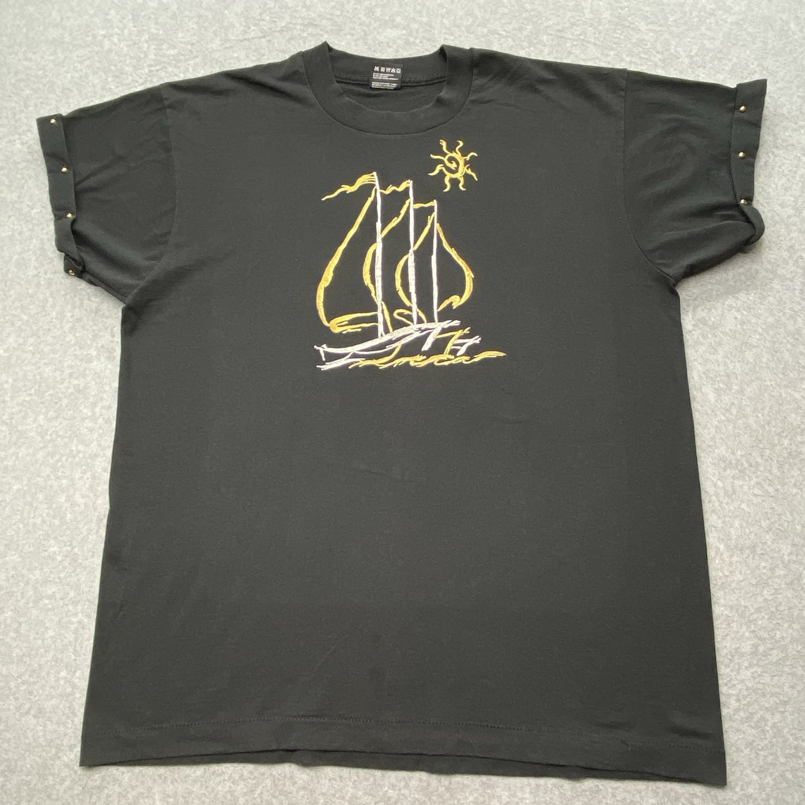 VINTAGE Sail boat Ocean Black Shirt Single Stitch Woman’s Sz L Embroidered USA