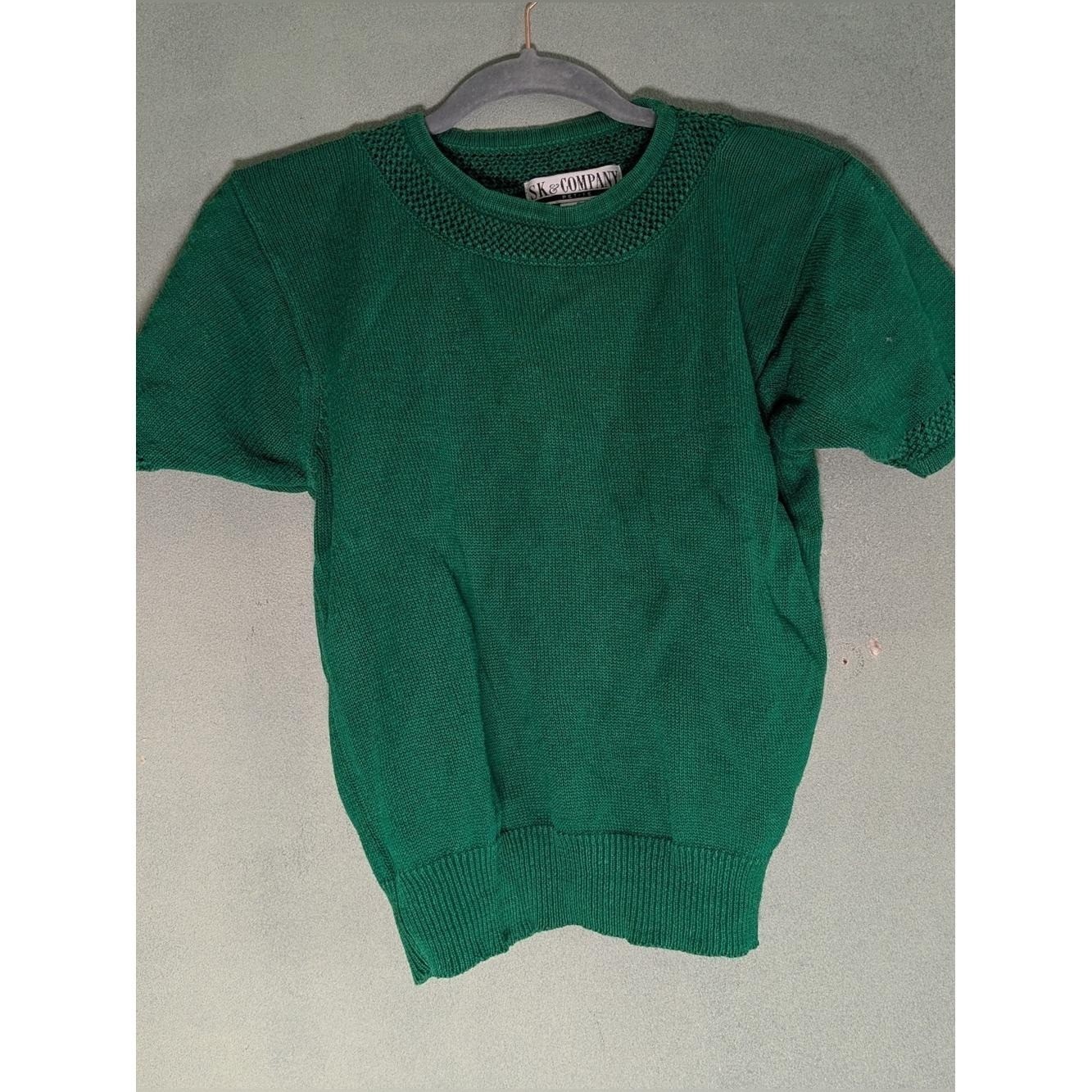 Vtg SK & Company Green Knit Short Sleeve Sweater Size Small