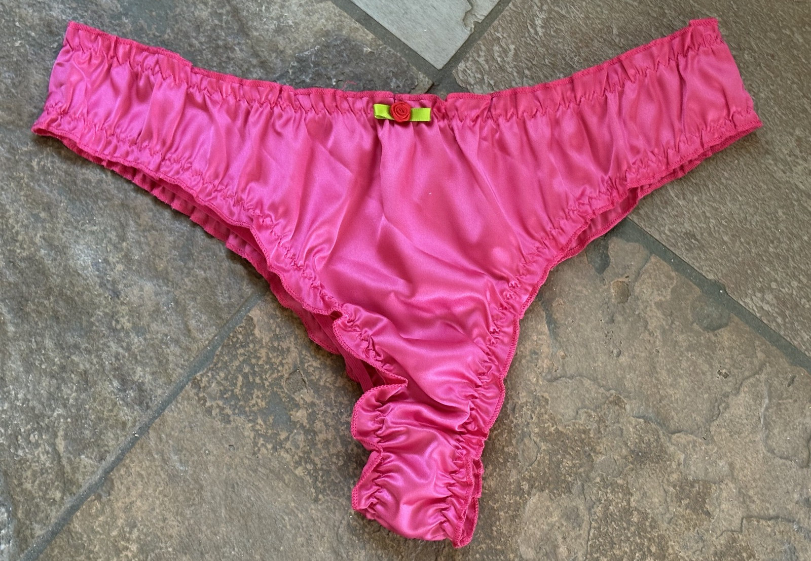 Fuchsia Pink Hi Shine Second Skin SATIN XL Red Rosette Thong Panties NWOT #SR4