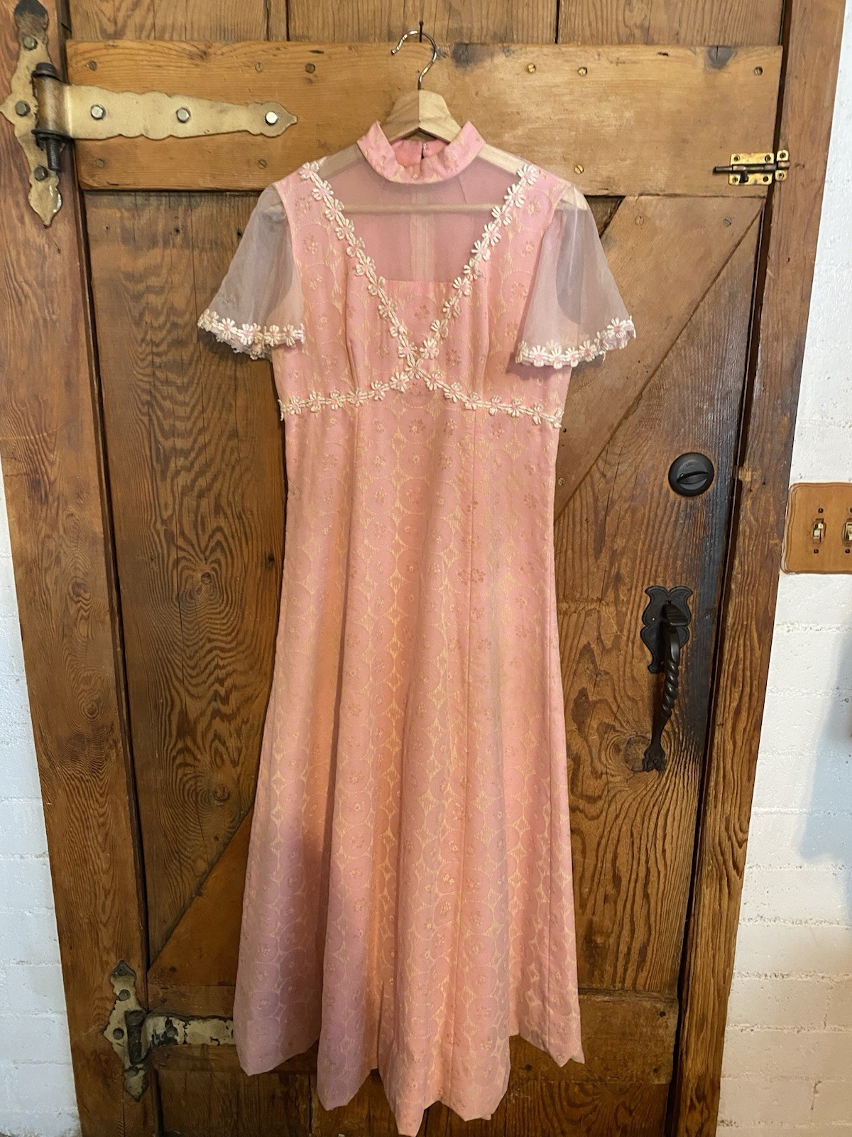 Vintage 1960s Maxi Empire Dress Pink Party Daisy Overlay Small 4/6