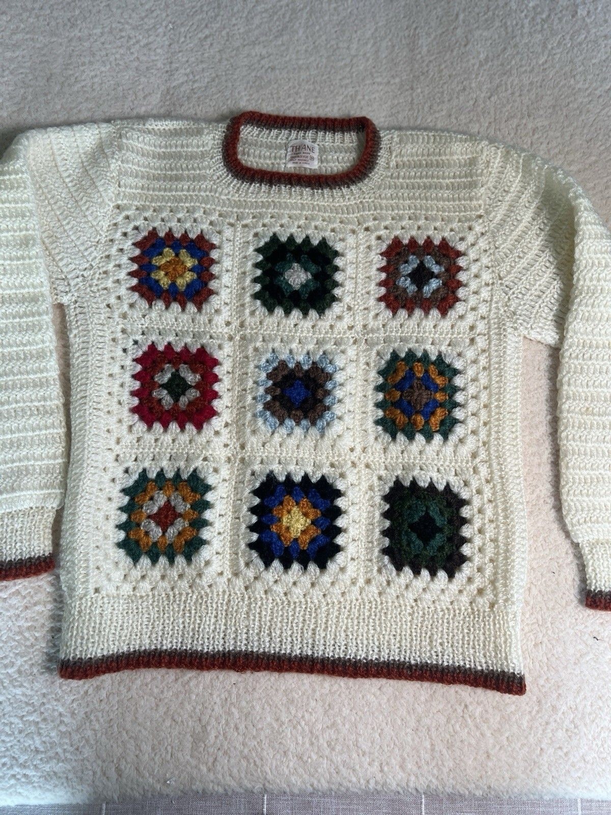 Granny Square 1960s Vintage Sweater Boho Hippie Crochet Knit Korean UNISEX M