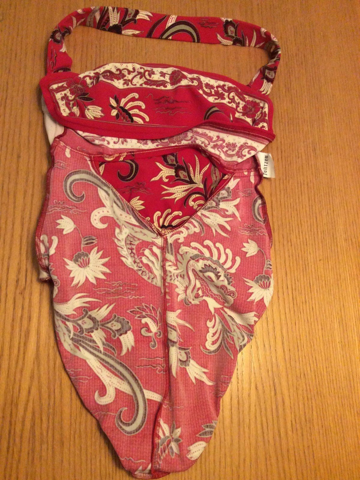 VTG Jantzen Red Multicolor Asian Print One Piece Halter Swimsuit Sz 14 Beach USA