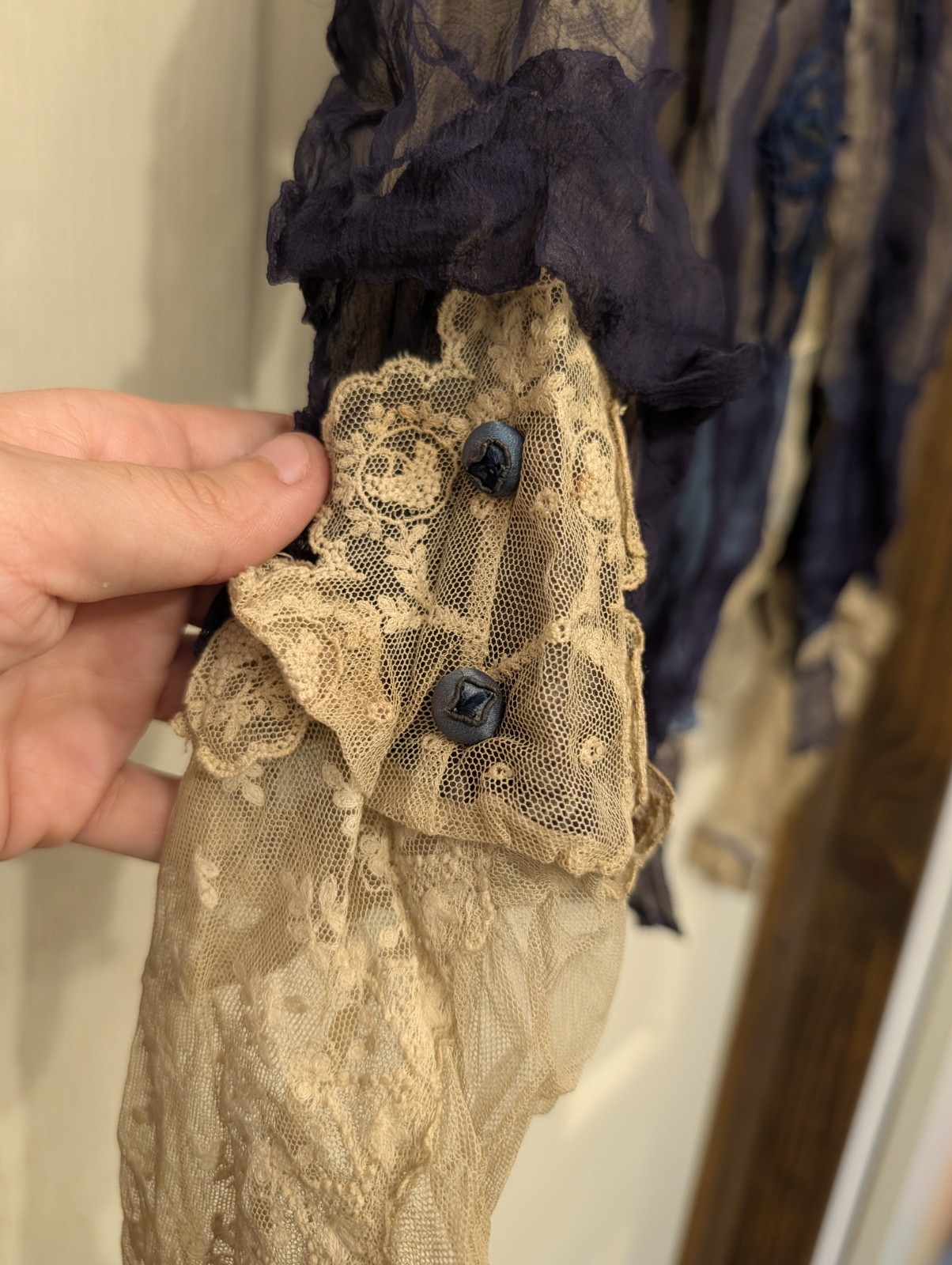 Antique Edwardian Cream Lace Blue Satin XS Women’s Blouse Handmade Bow Details