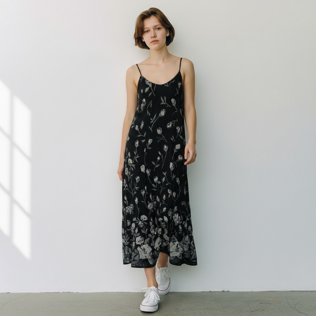 Vintage Y2K Dark Floral Slip Dress Black Gray Grunge 90s Whimsigoth Fairy Size 2