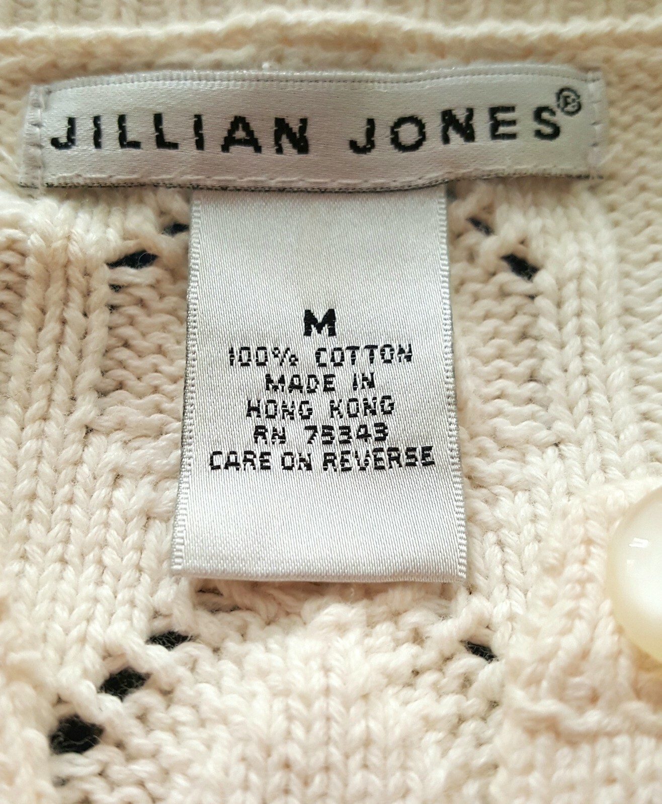 Vintge Jillian Jones Ivory Cotton Sweater Cardigan Rhineston Button M See Measur