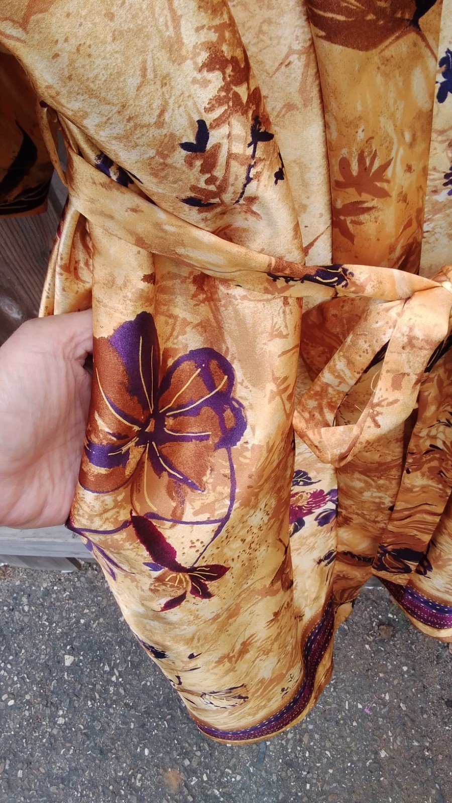 Vintage Womens Robe Silky Belted 80s Gold Purple Print Shoukder Pads Small