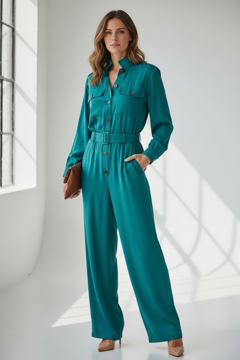 80’s Teal Jumpsuit Belted Frances Henaghan Casual Dressy Office Romper