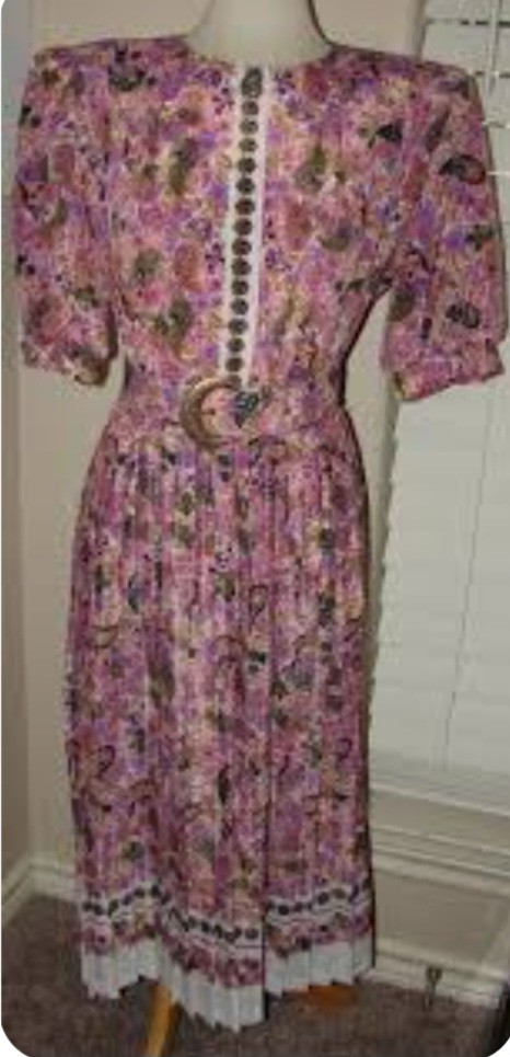 Vintage Loraz Original Pleated Floral Dress Size L (16) Belt + Shoulder Pads