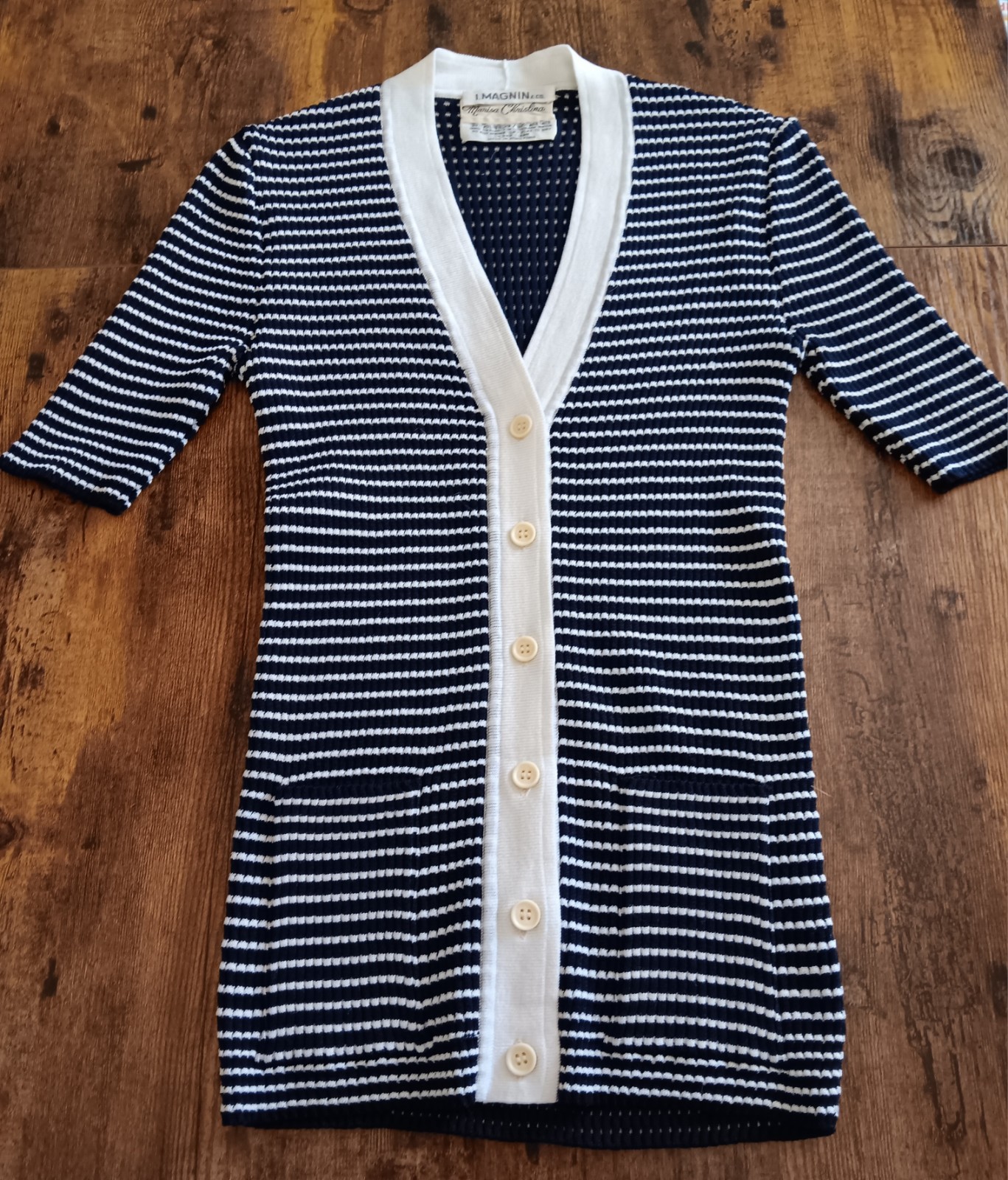 Vintage 70s I.MAGNIN MARISA CHRISTINA Navy Striped Summer Cardigan XS
