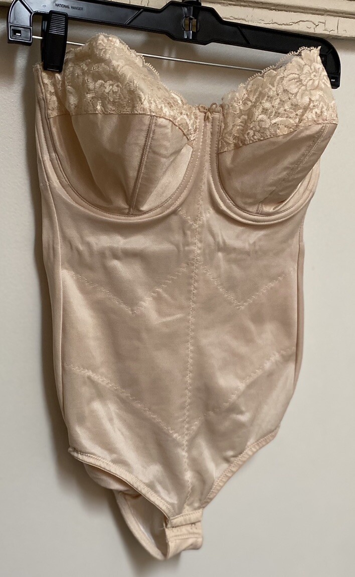 Vintage GLAMORISE Bodysuit Girdle Bra Shaper Beige 6216 Lace Strapless 36D