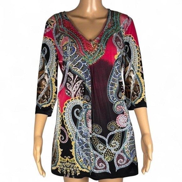Mechant Paisley Beaded Tunic Top Womens Small Multicolor Excellent Boho V-Neck