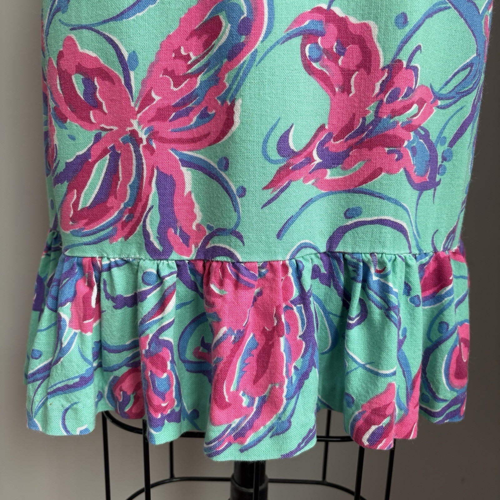Mod Vintage 1960’s Retro Aqua w/ Hot Pink Floral Print Ruffled Hem Sun Dress M