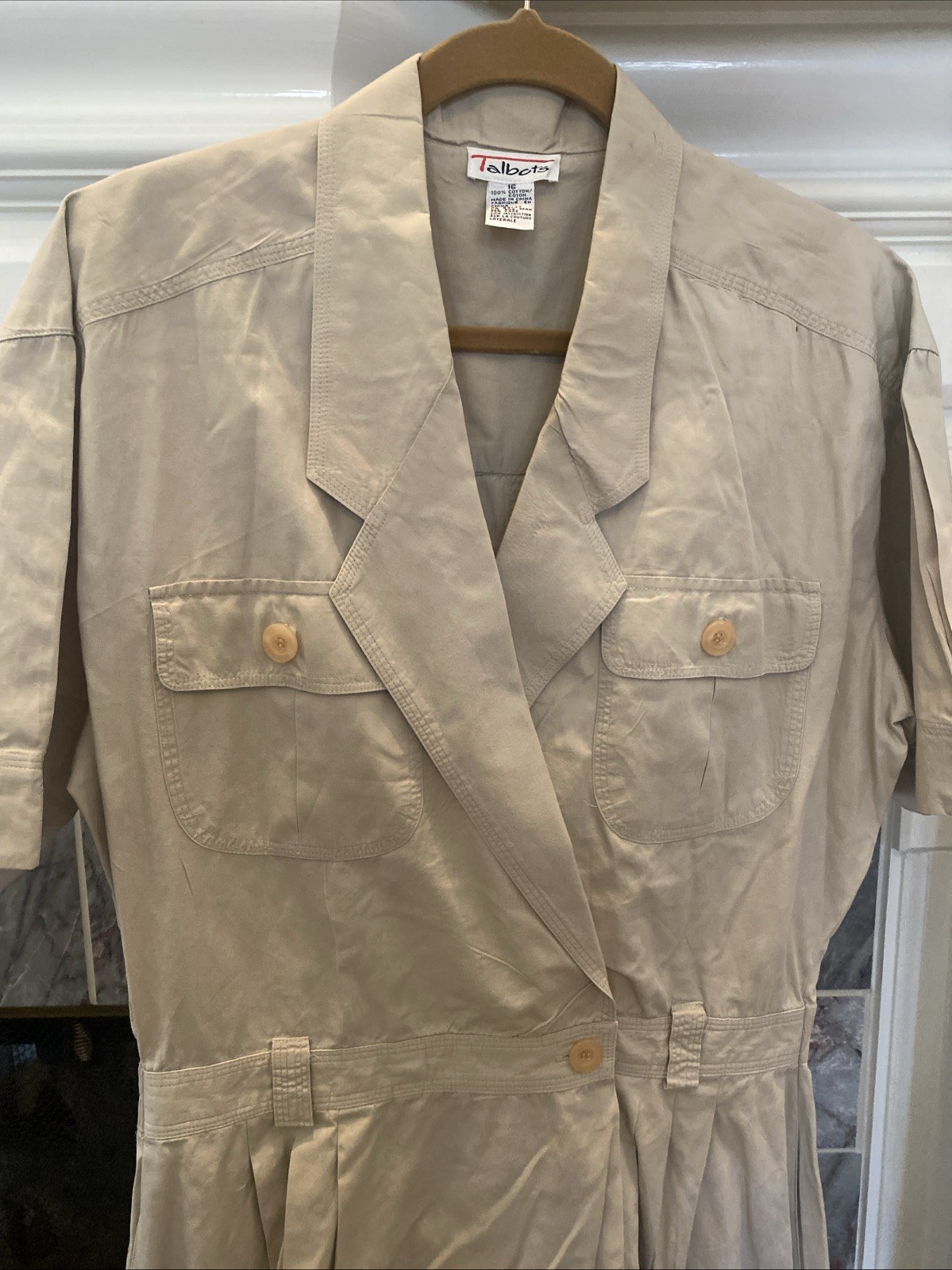 Vintage Talbots_Khaki Beige Safari-Style Cotton Shirt Dress, Size 16