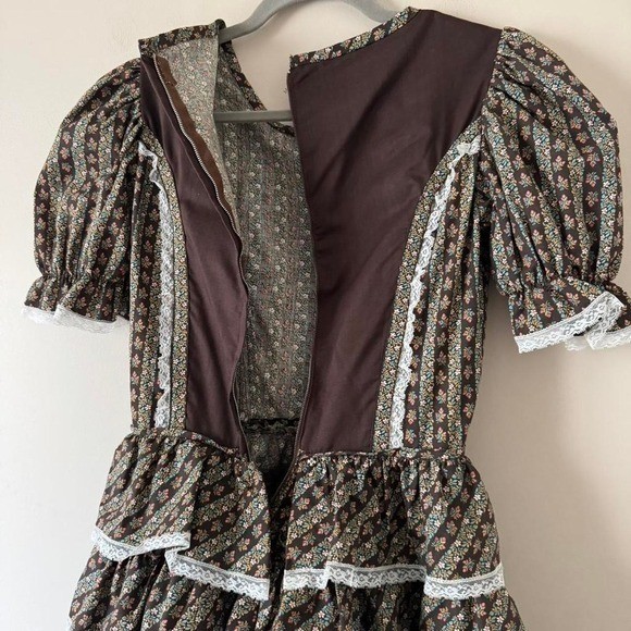 Vintage chocolate brown floral square dance dress XS prairie puff sleeve pink