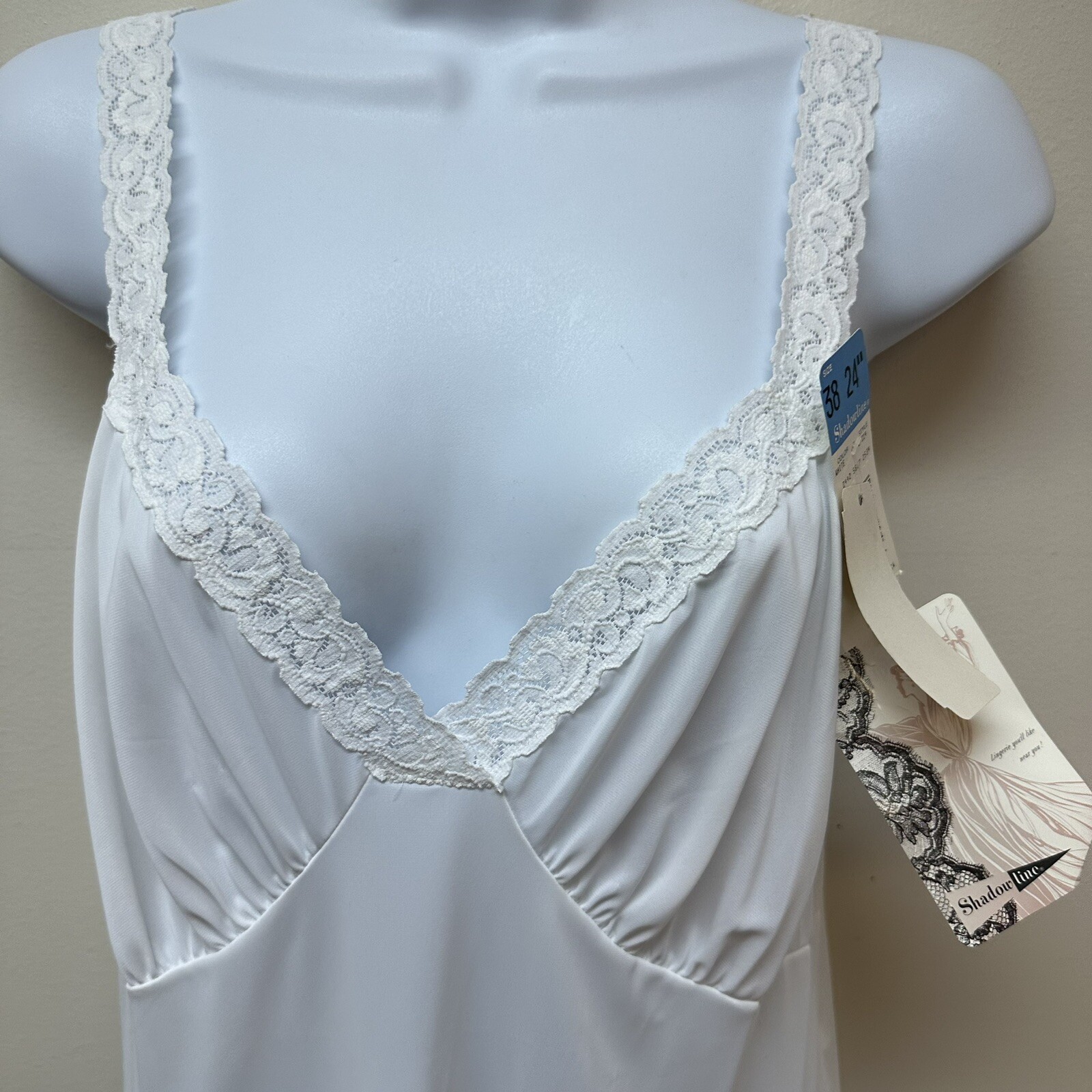 Shadowline Vintage White Slip Lingerie Silky Satin Nylon Lace Size 38 24″ NEW