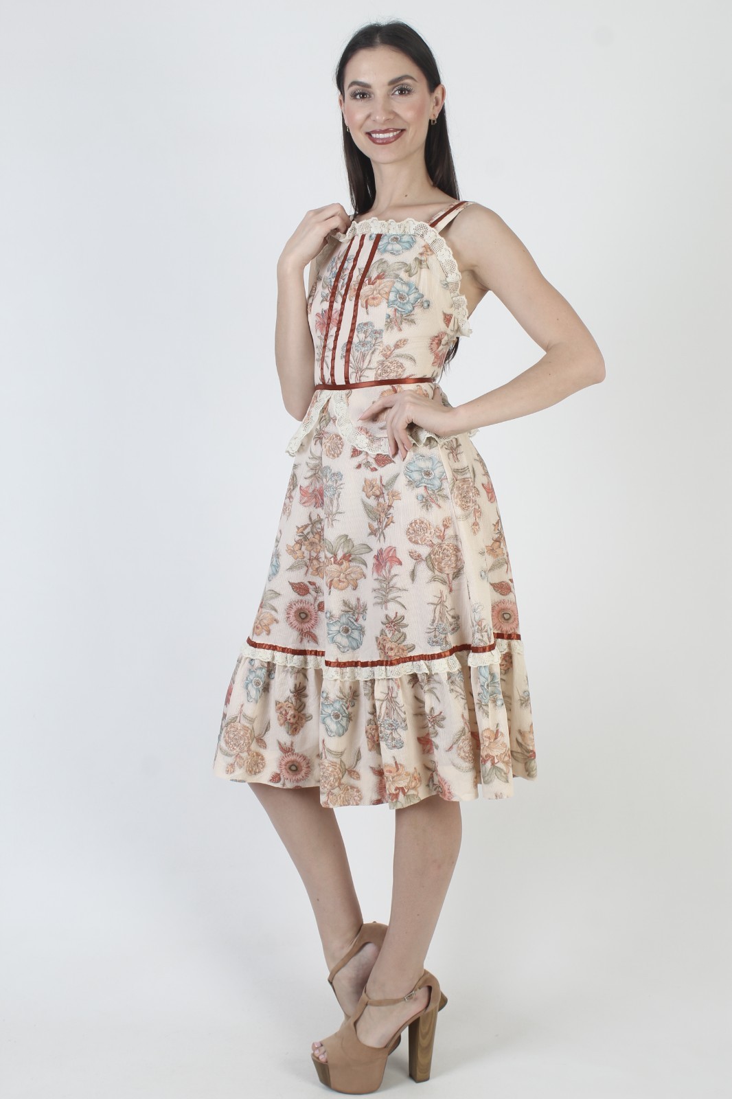 Vintage 70s Peplum Sundress Prairie Cottagecore Boho Wedding Peasant Mini Dress