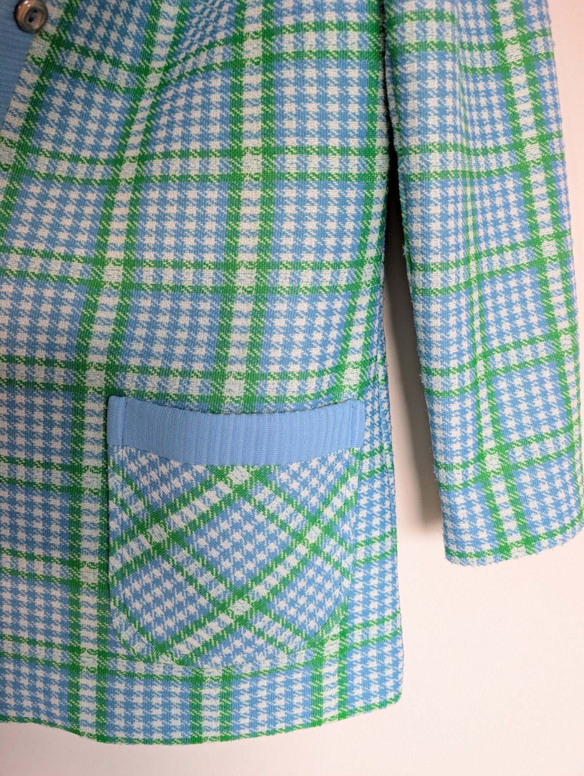 Vintage 1970s Marty Gutmacher blazer green blue plaid polyester knit Encron