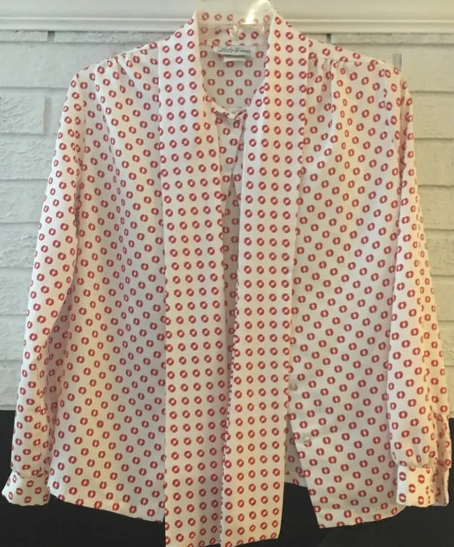 Vintage Lucky Winner Blouse Top Attached Skinny Tie Scarf White Red Design M