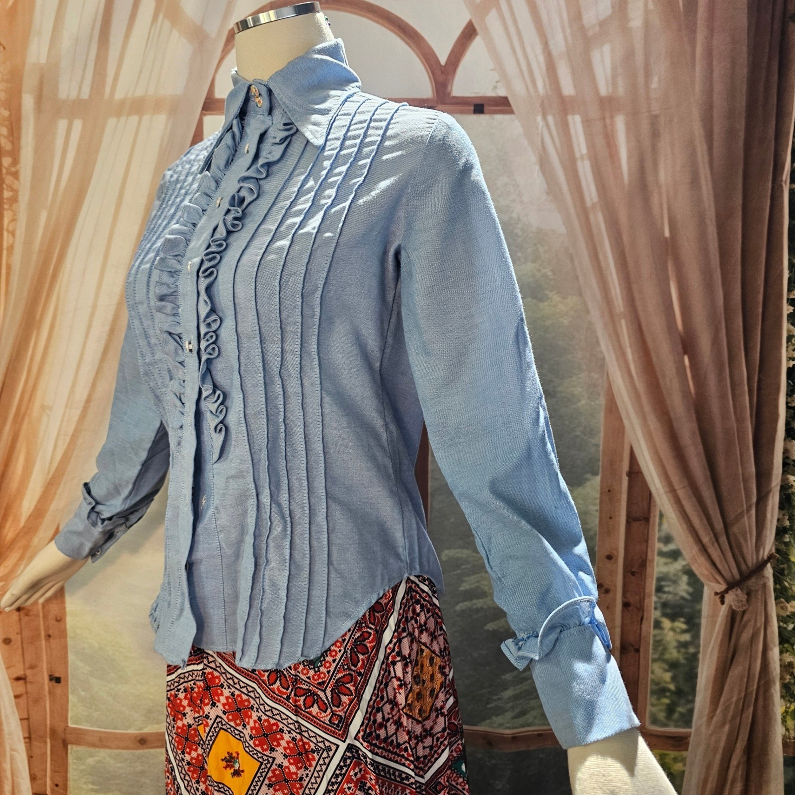 Vintage 1970s Light Blue Ruffled Tuxedo Blouse Pintuck Top Pointed Collar
