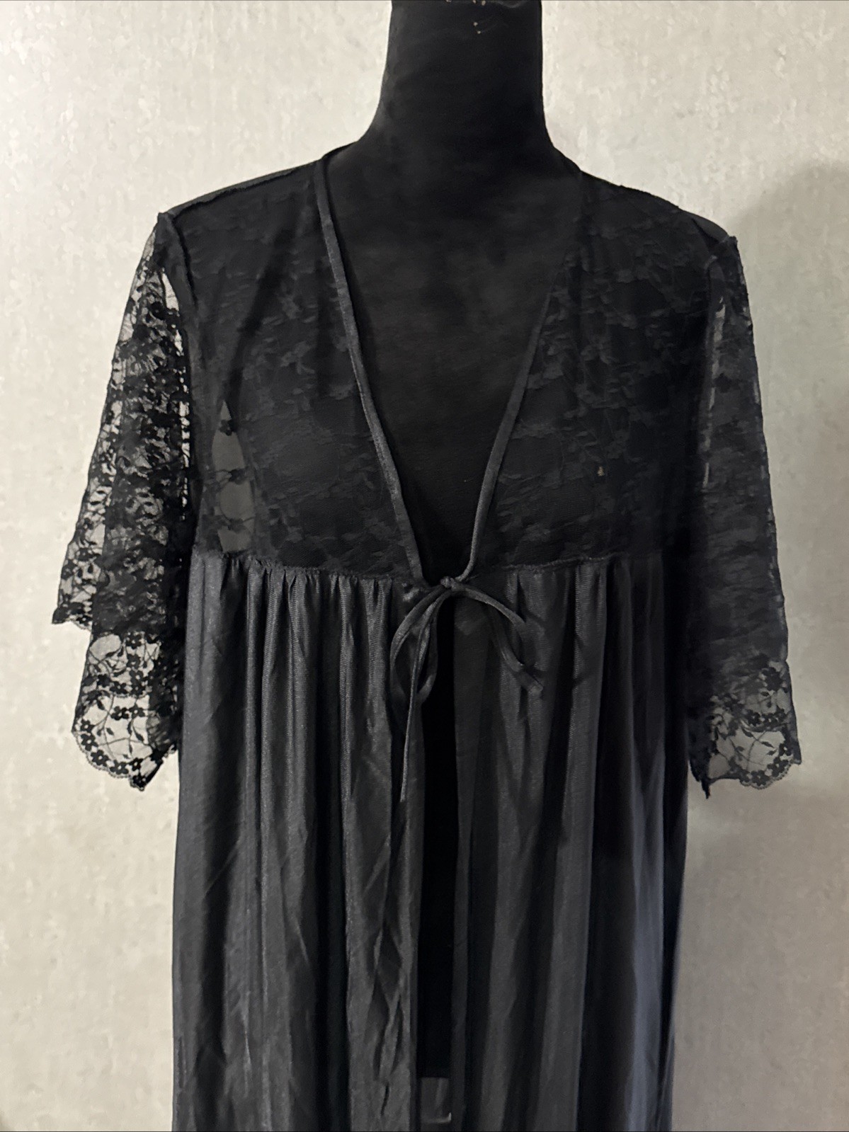 Vintage Kaydette Black Nylon Lace Long Peignoir Nightgown Dress 3X 48/50 USA