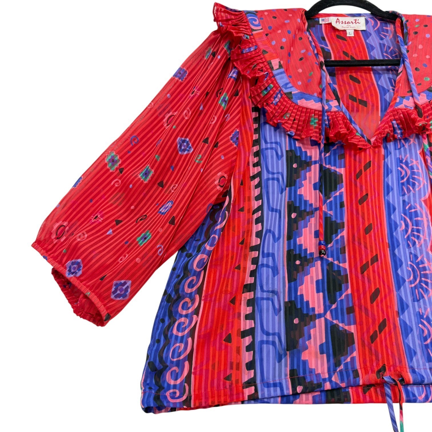 Assorti for Susan Freis Women’s L Multicolor Pleated Ruffle Boho Blouse USA