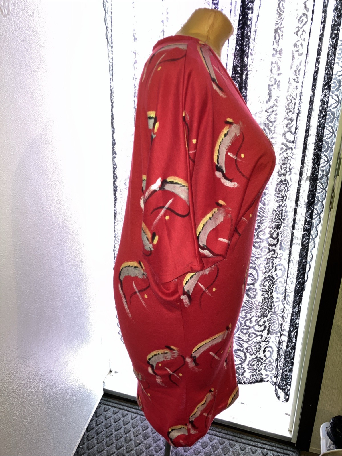 COSTUME Vintage 80s Red Batwing Dress Dolman Sleeve Drop Waist Pencil Skirt Size