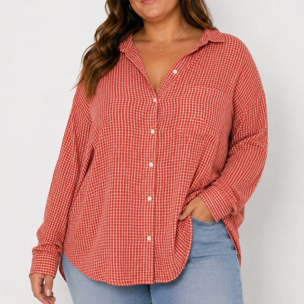 Old Navy The Classic Shirt XXL Oversized Red Gingham Button Front Cotton