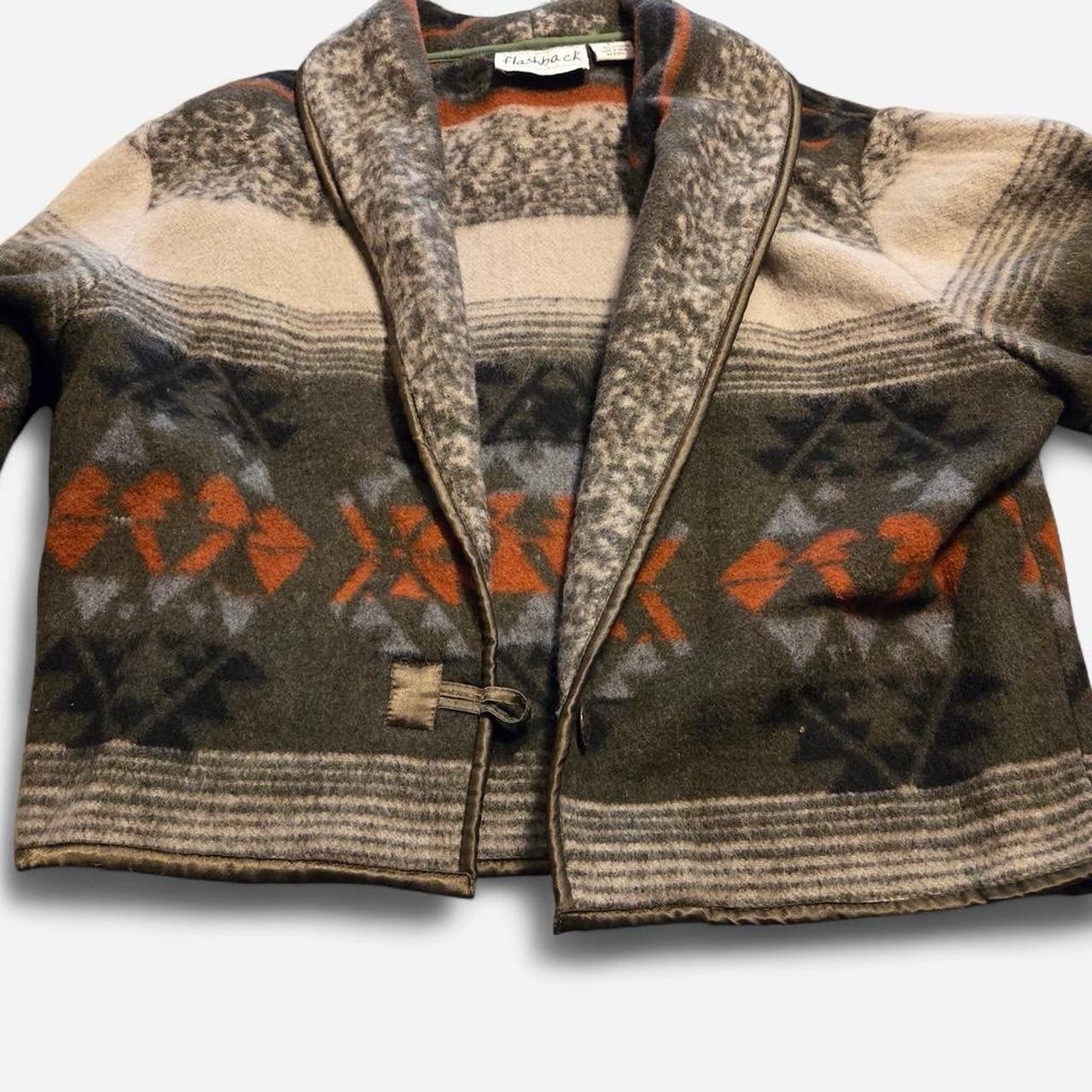 Vtg Flashback Southwestern Wool Blanket Jacket L Aztec Navajo Tribal Santa Fe
