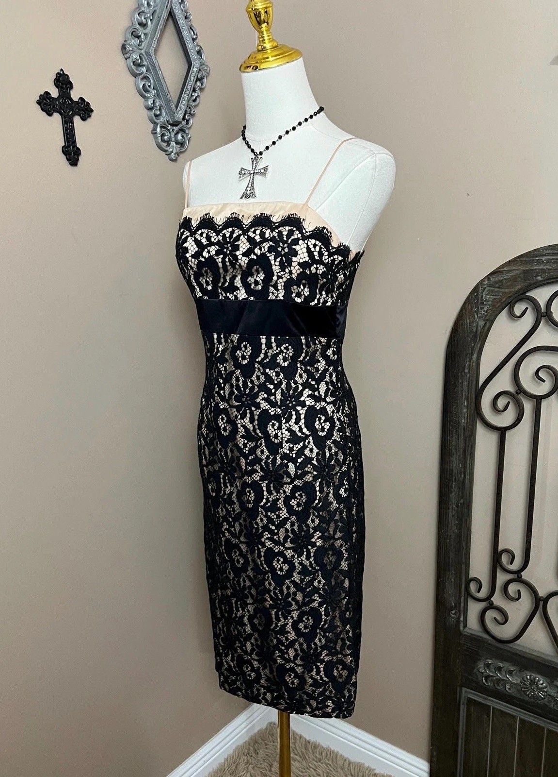 Vintage 90s Black Lace Nude Illusion Tank Dress Size S/M Gothic Party Cocktail