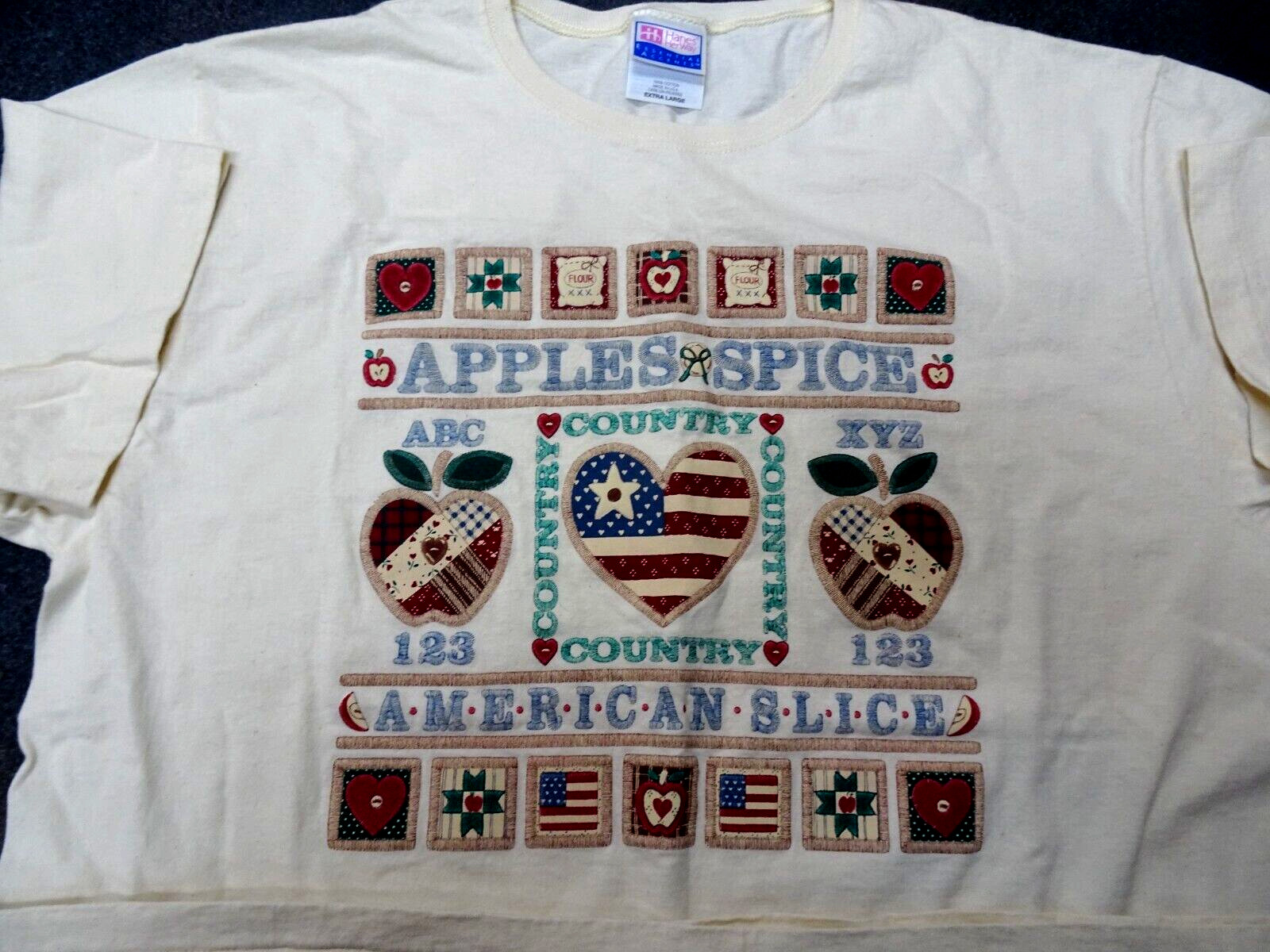 Vintage Hanes Her Way Ladies XL Embroidered Tan Cotton T shirt USA Theme Used
