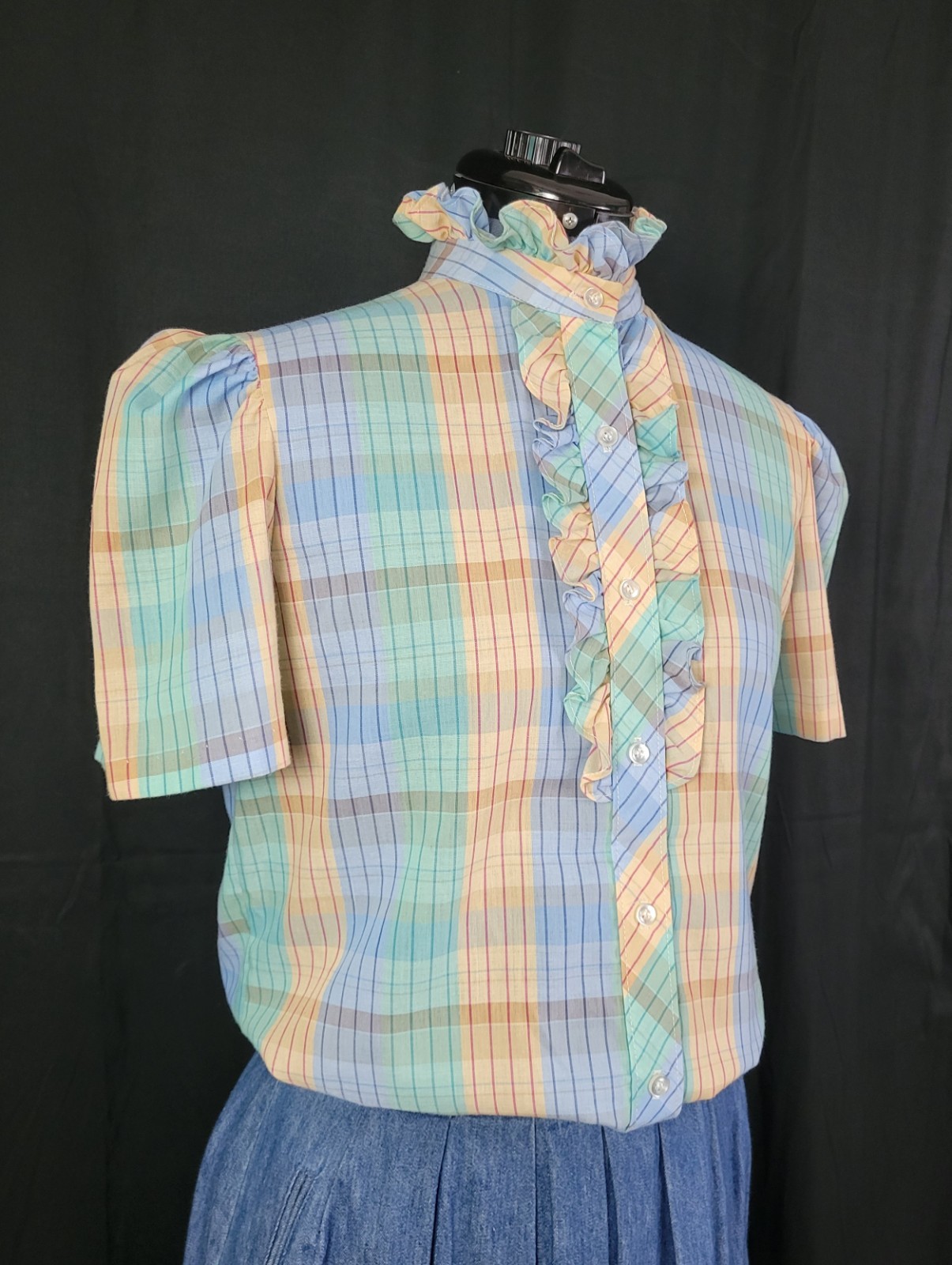 Vtg Lucky Winner Peach/Mint/Blue Plaid Top w Ruffled Collar Size 11/12