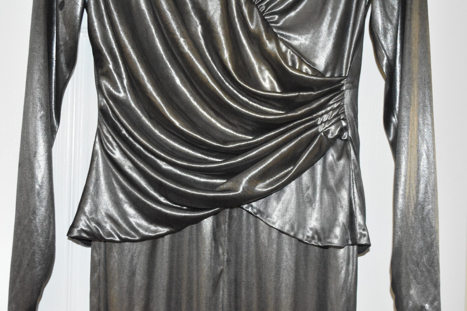 80s DISCO David Howard Silver Metallic Satin Jumpsuit One Piece Lounge petite 12