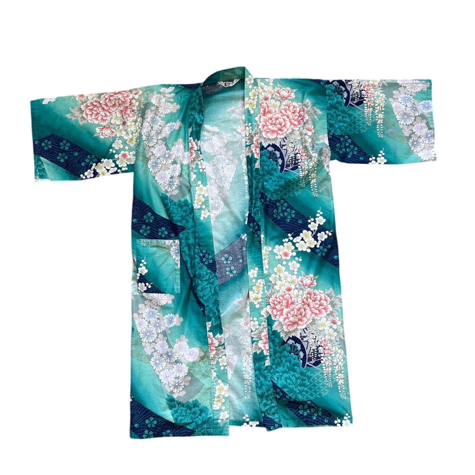 Vtg Japanese Kimono Robe Floral Peony Cherry Blossom One Size cotton
