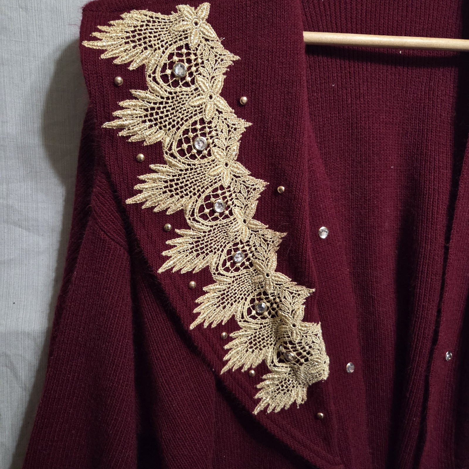 VTG 80s/90s Open Extra Long Sweater Knit Bejeweled Embroidery Lace Women 2XL