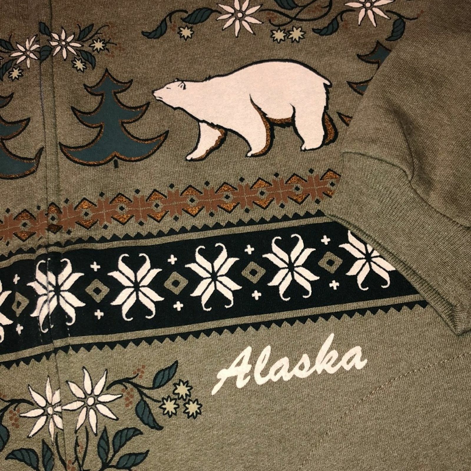 Full Zip Vintage Green Alaska Polar Bear Collared Long Sleeve Sweatshirt L