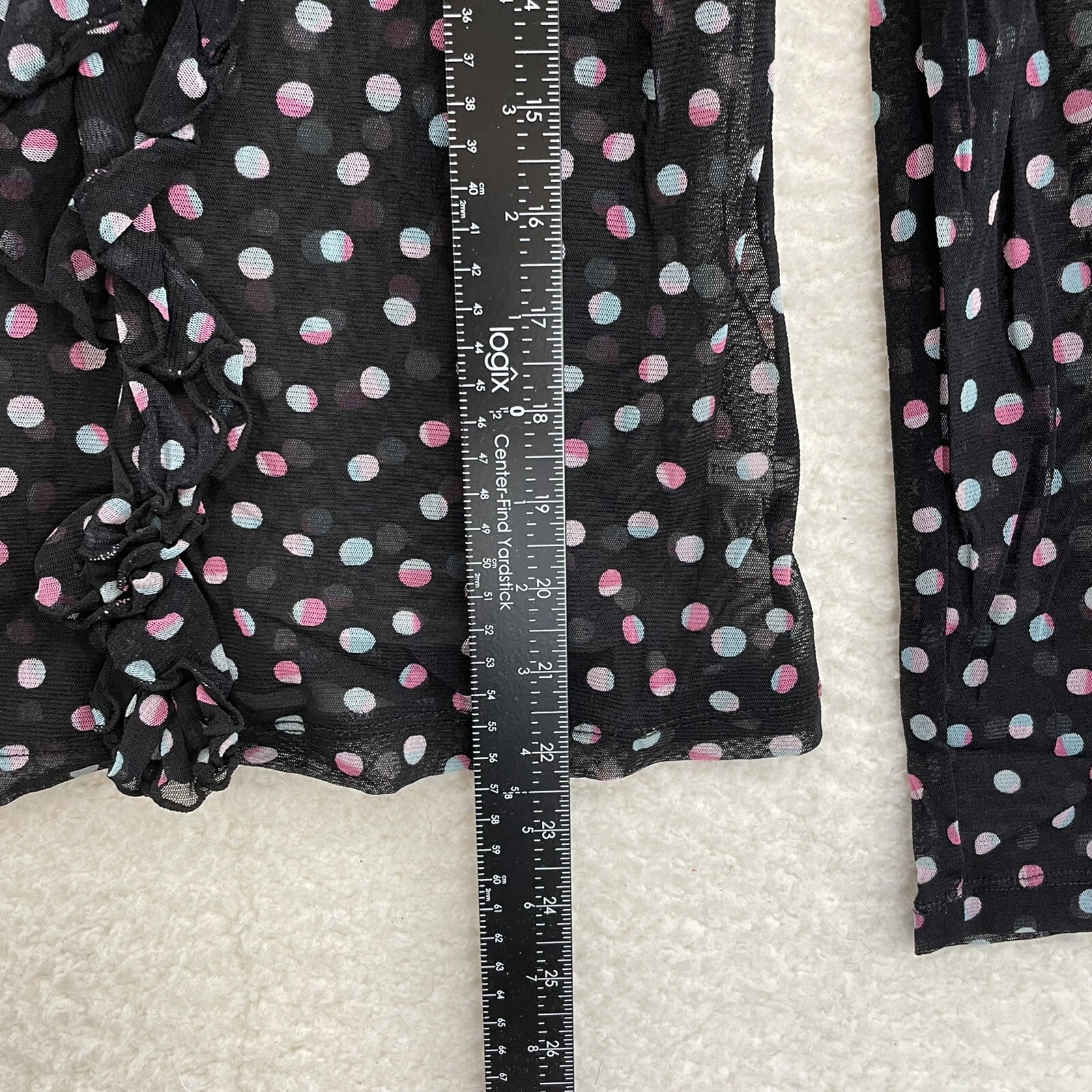 Y2K Vintage Top Button Blouse Medium Black Polka Dot Mesh Sheer Corpcore Office
