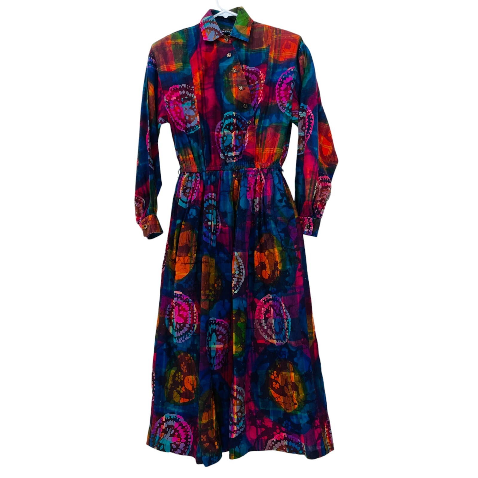 Vtg 80’s Panhandle Slim Dress Size 10 Midi Long Sleeve Cotton Bright w/Pockets