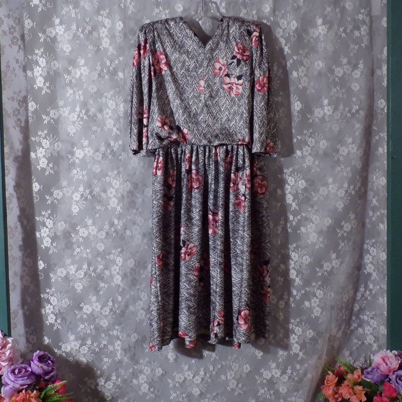 Vintage 80s Floral Dress Size XL 1980s Retro Black Pink Secretary New Wave Twee