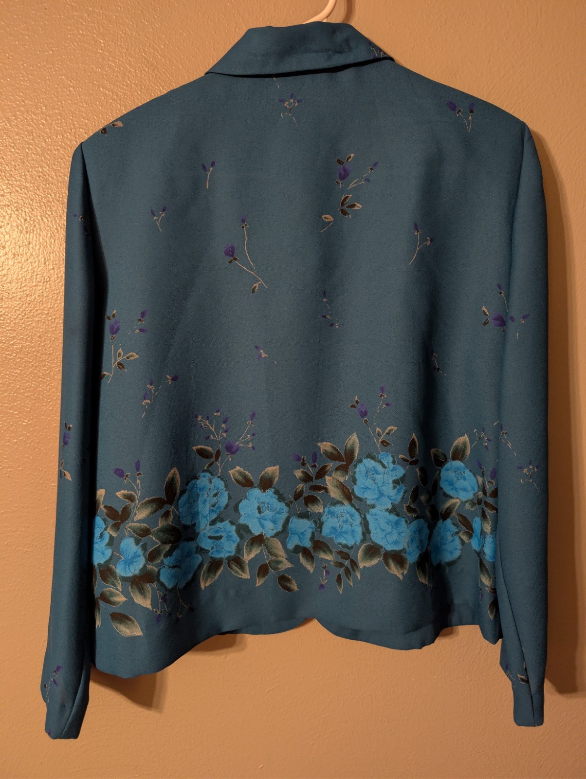 Leslie Fay Vintage 90s Blue Floral Blouse Blazer Jacket Shoulder Pads Petite 14P