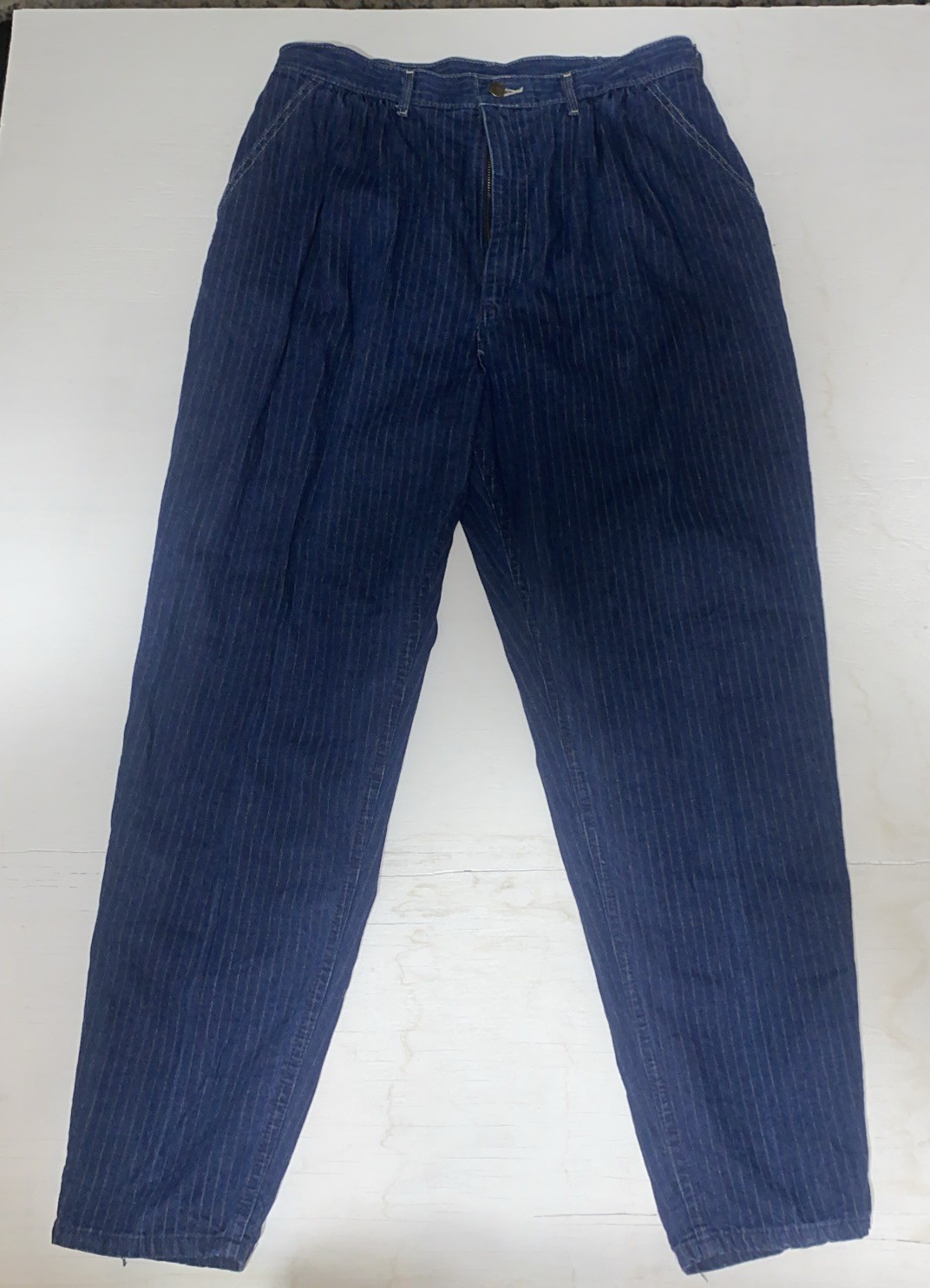 VTG Lee Riders Womens Blue Striped Pleated Mom Jeans Size 34 16 Inch Waistband ￼