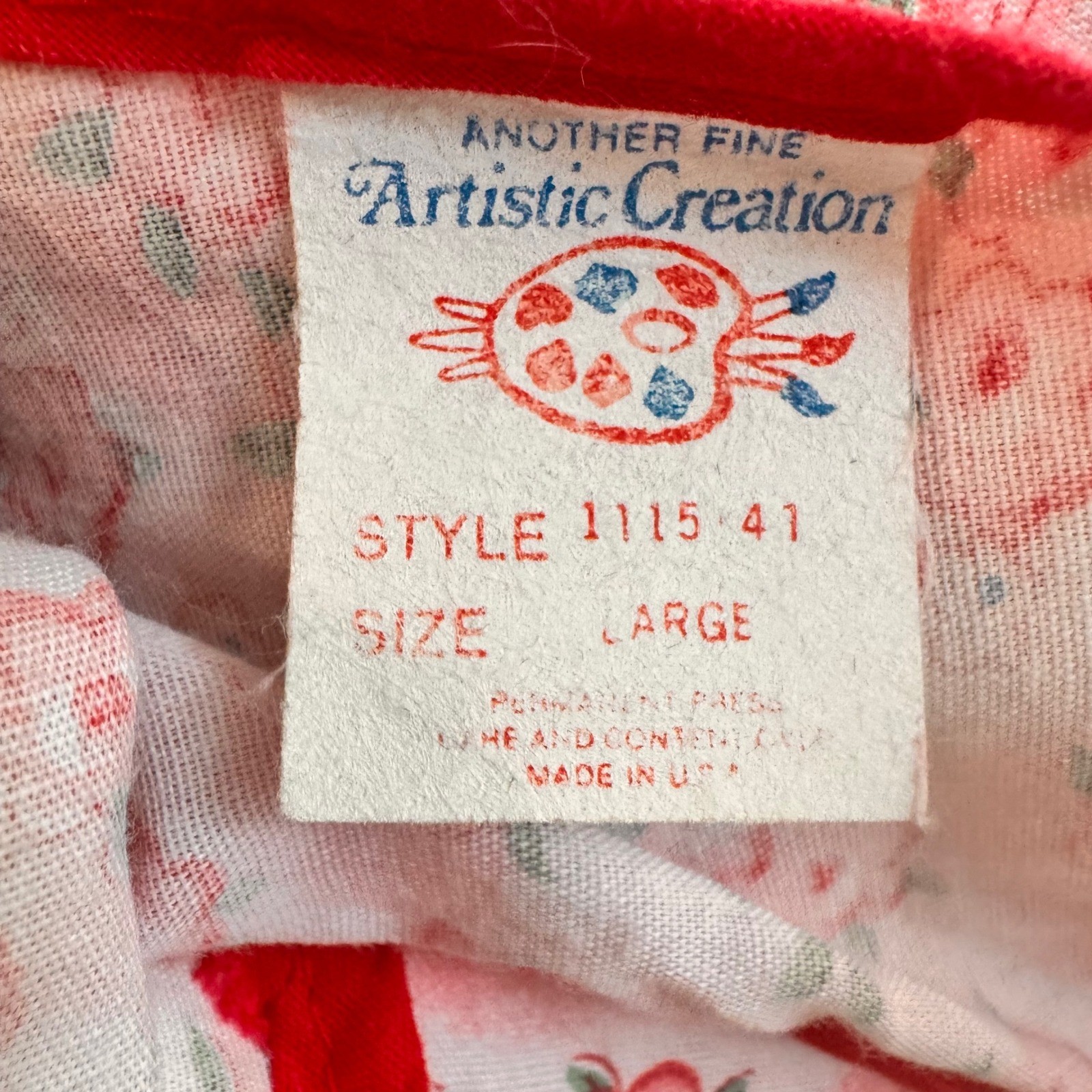 VTG Artistic Creations Smock White Pink Roses Red Trim Large Cottage Art Class