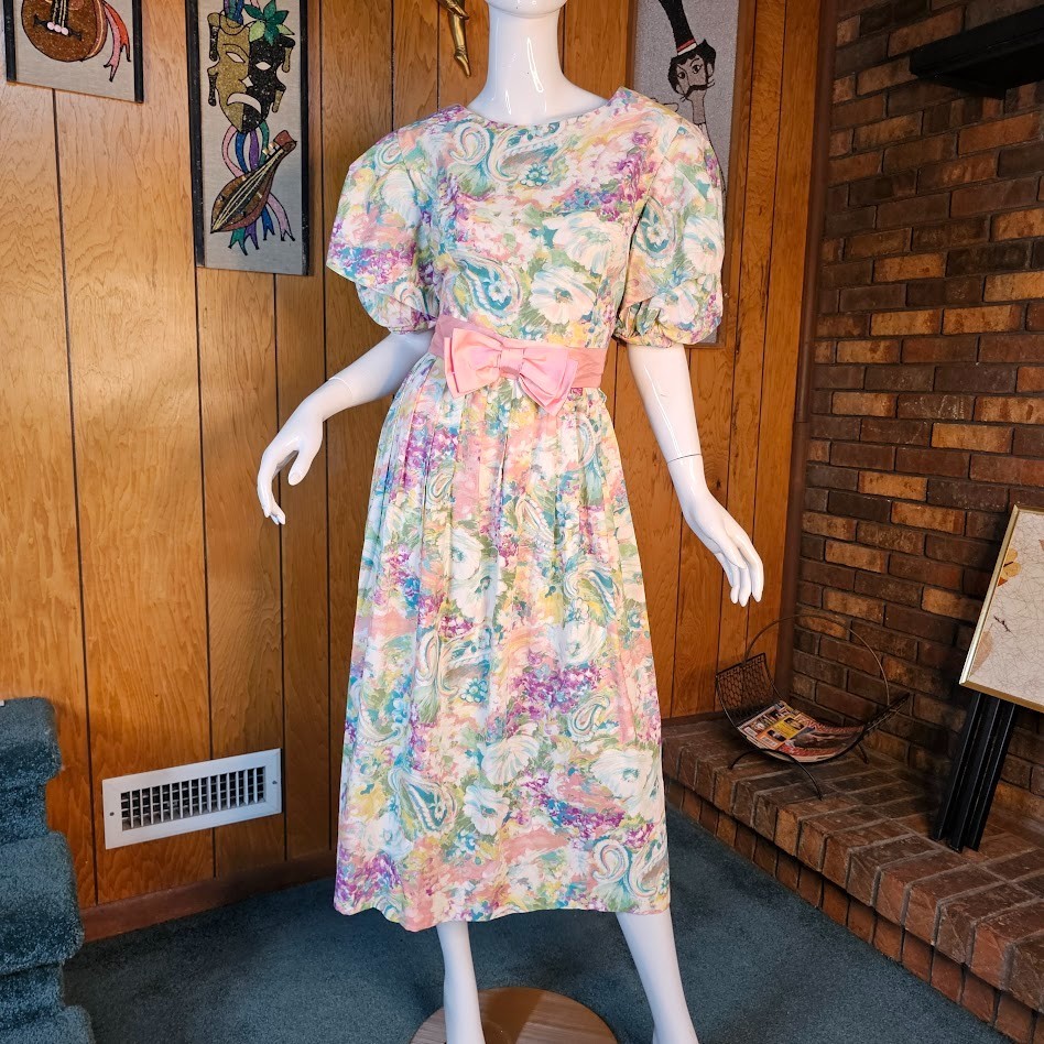 Vtg 80s Fever Dream Floral Romantic Garden Party Belted Bow Volup Tea Dress M/L