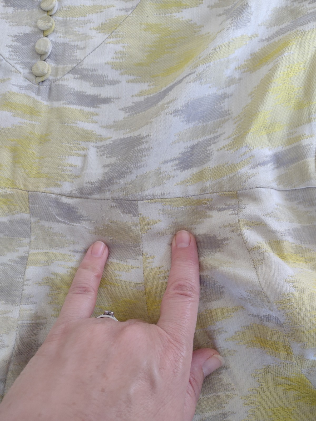 VTG Pat Premo Midi Dress Yellow Grey 50s 60s Cottage Full Skirt Mid Century MCM