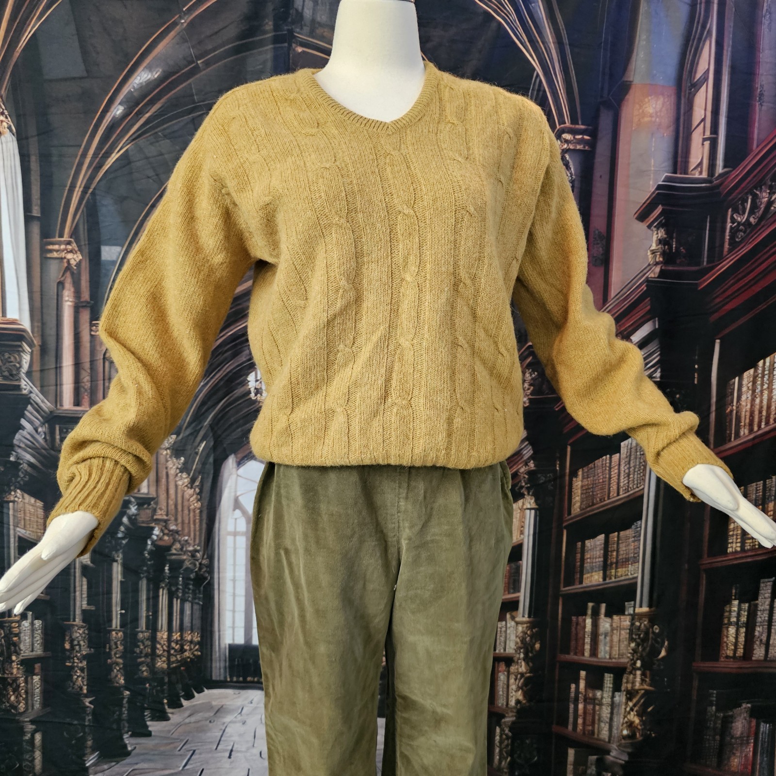Vintage 1970’s Sweater Mustard Yellow V-Neck Pullover Cable Knit