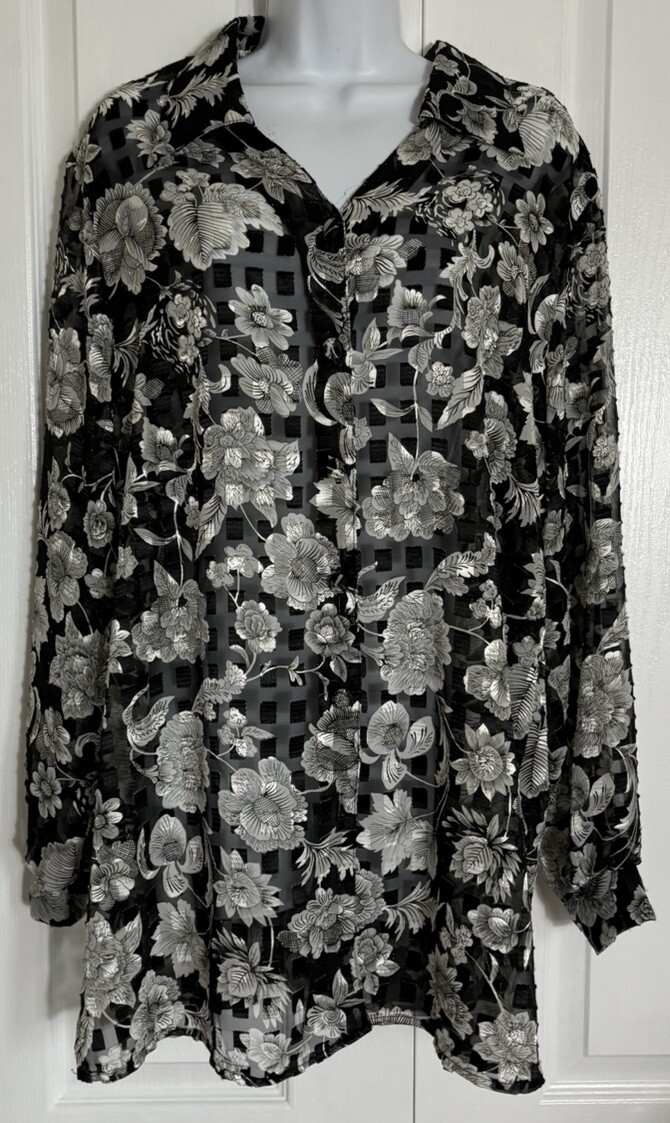 Vtg Y2K Ashley Stewart Black Floral Long Sleeve Button Up Blouse Top Sz 16