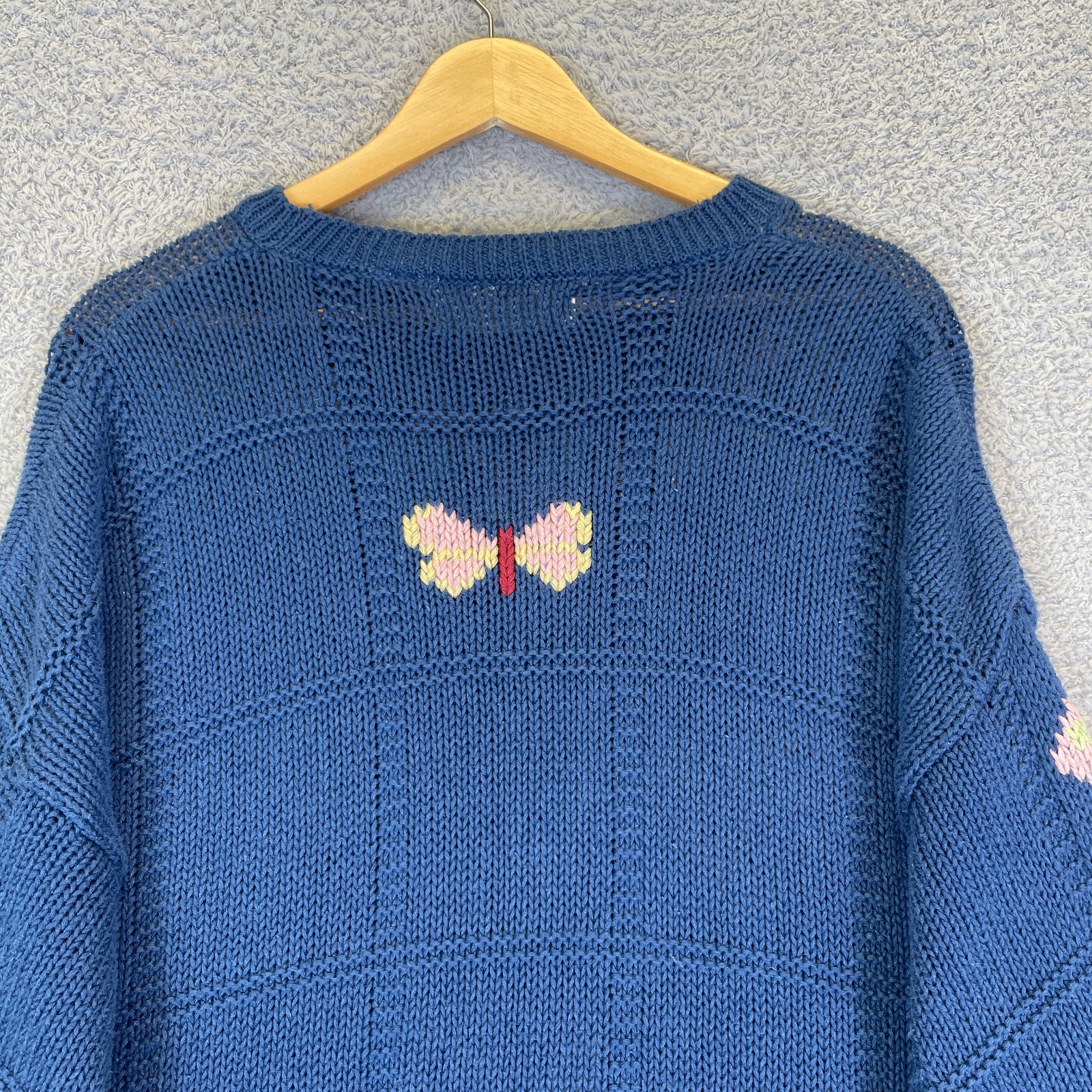 Vintage 90s Mixed Blues Floral Butterfly Sweater Cottagecore Grandmacore Large