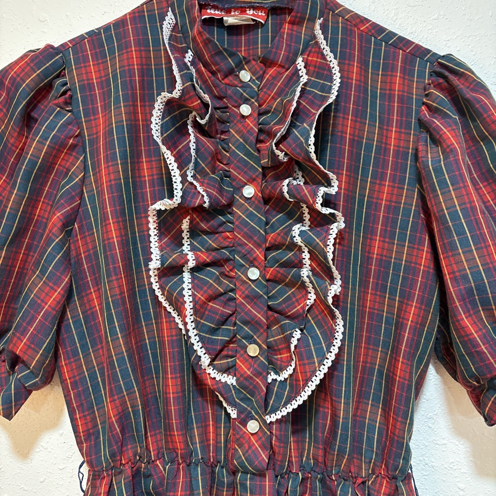 80’s Tartan Ruffled Front Plaid Red Green Yellow Plaid Western Prairie Dress